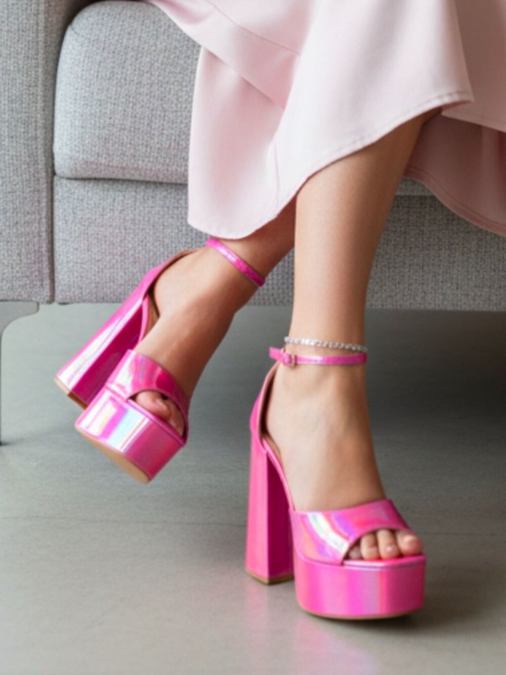 Iridescent Pink Platform Block Heel Sandals With Ankle Strap - Womens Statement